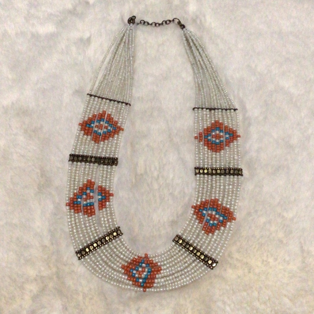 South Western Style Native American Beaded Turquoise and Brass Beaded Necklace - Picture 2 of 8